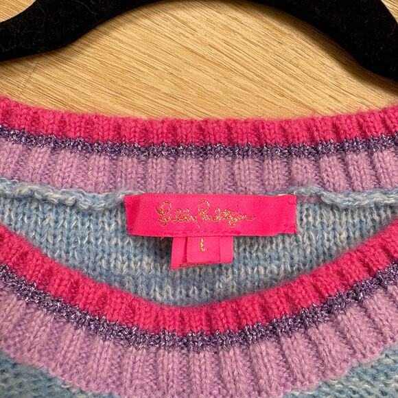 Lilly Pulitzer Verna Pom Pom Bobble Crew Neck Sweater Women’s L Color Blue/Pink - Picture 5 of 6